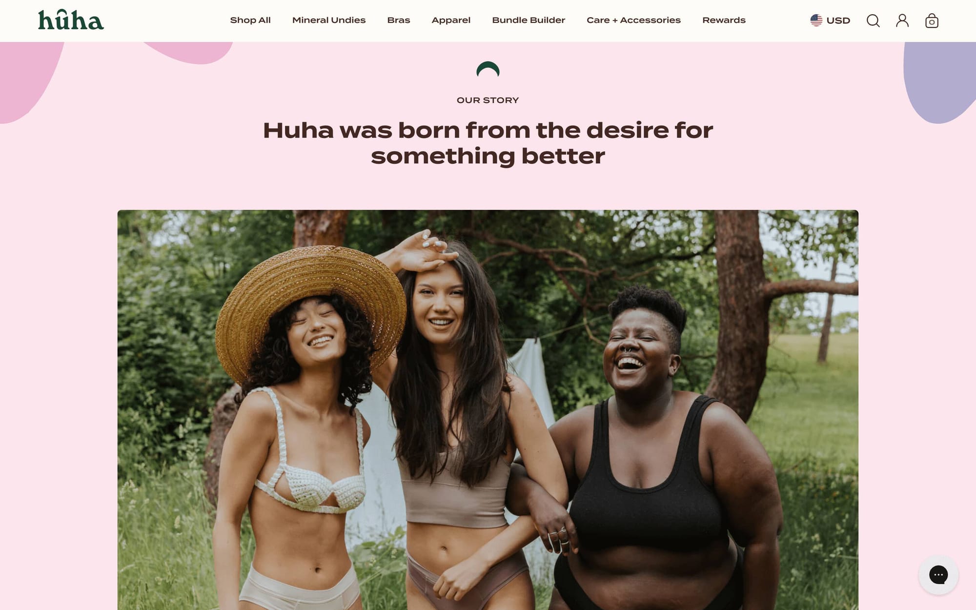 A screenshot from Huha’s website showing three diverse women wearing Huha bras and underwear. The text above reads: Huha was born from the desire for something better.