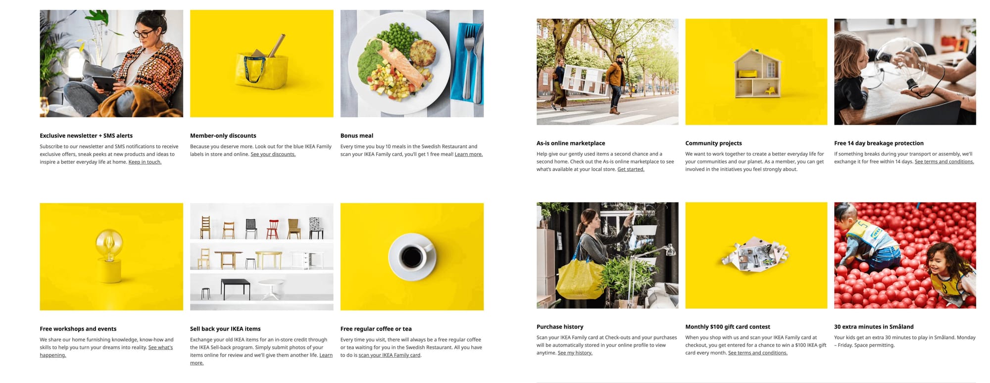 A screenshot from IKEA’s rewards program explainer page showing all of the benefits program members can access.