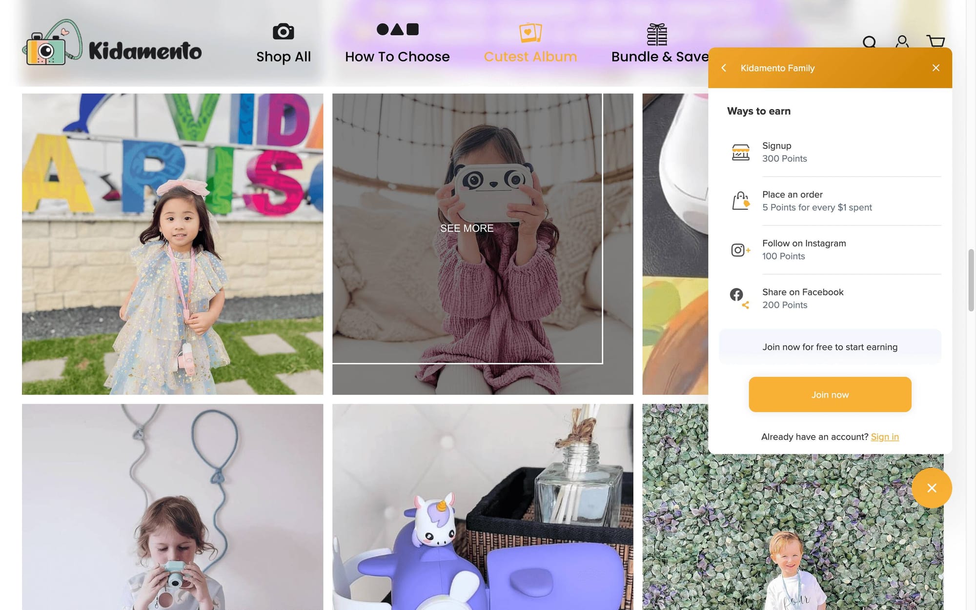 A screenshot of a page on Kidamento’s website called Cutest Album. It shows a tiled gallery layout of photos of children using its cameras. On the right side of the page is the loyalty program panel showing ways to earn: signup, place an order, follow on Instagram, and share on Facebook. 