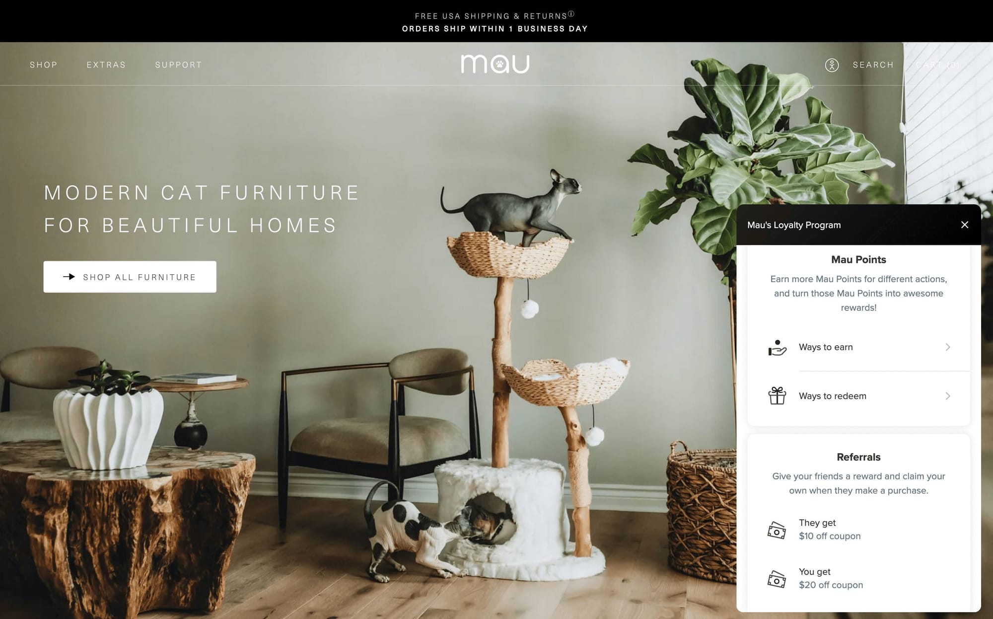 A screenshot of Mau’s homepage showing one of its modern, wooden cat trees in an aesthetically pleasing home. Its rewards program panel is visible on the side of the page showing its points and referral programs.