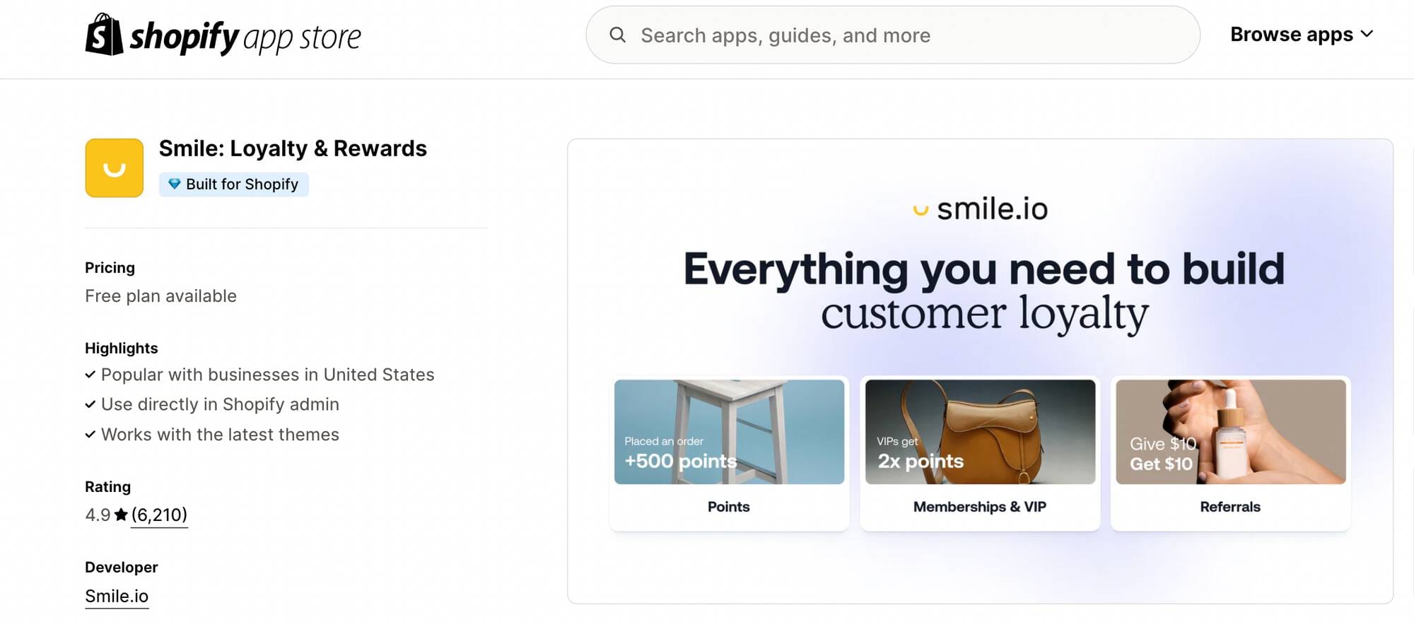 screenshot of smile loyalty app on shopify app store