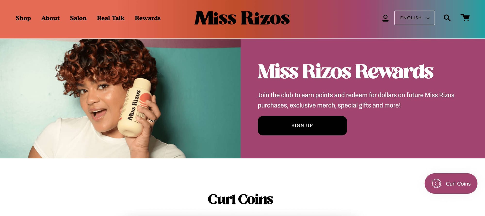 screenshot of hair brand miss rizos rewards program miss rizos rewards - image has a women with curly hair holding up a product 