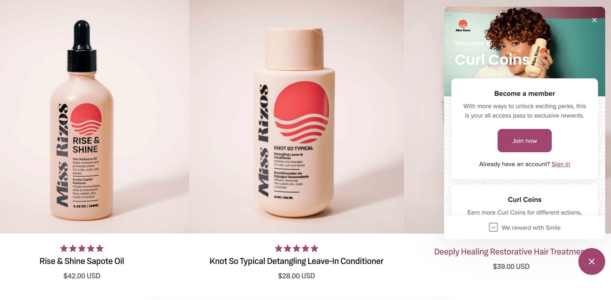 screenshot of miss rizos homepage with the rewards program panel launched against multiple products bottles