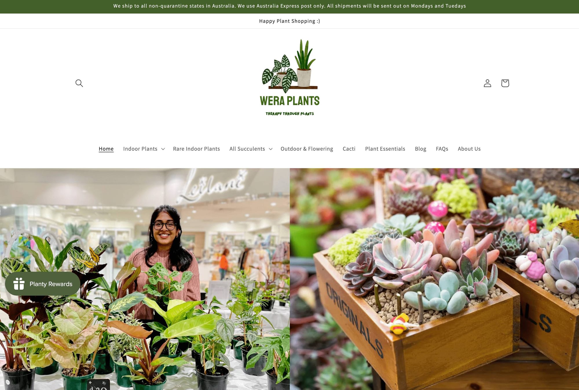 Mental Wellness Brands for World Mental Health Day–A screenshot of Wera Plants’ homepage showing its founder and several of its products. 