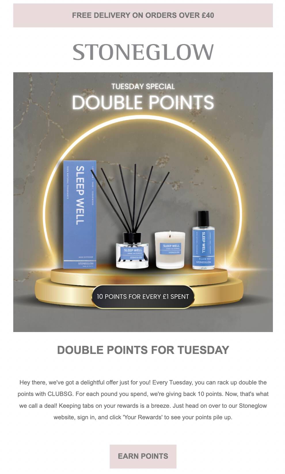 graphic of a bonus points example email from stoneglow candles