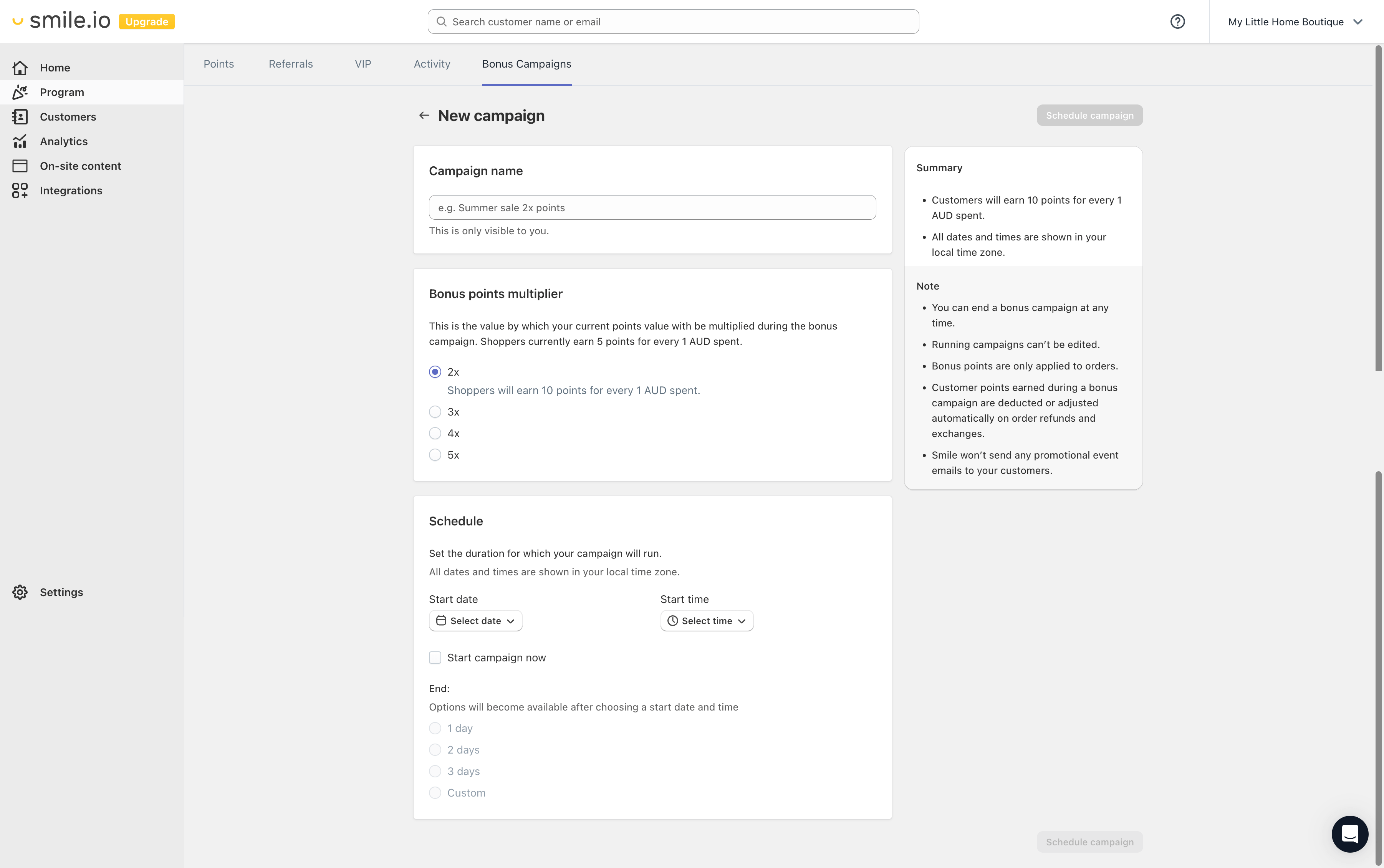 screenshot of the smile.io dashboard app planning a double points campaign 