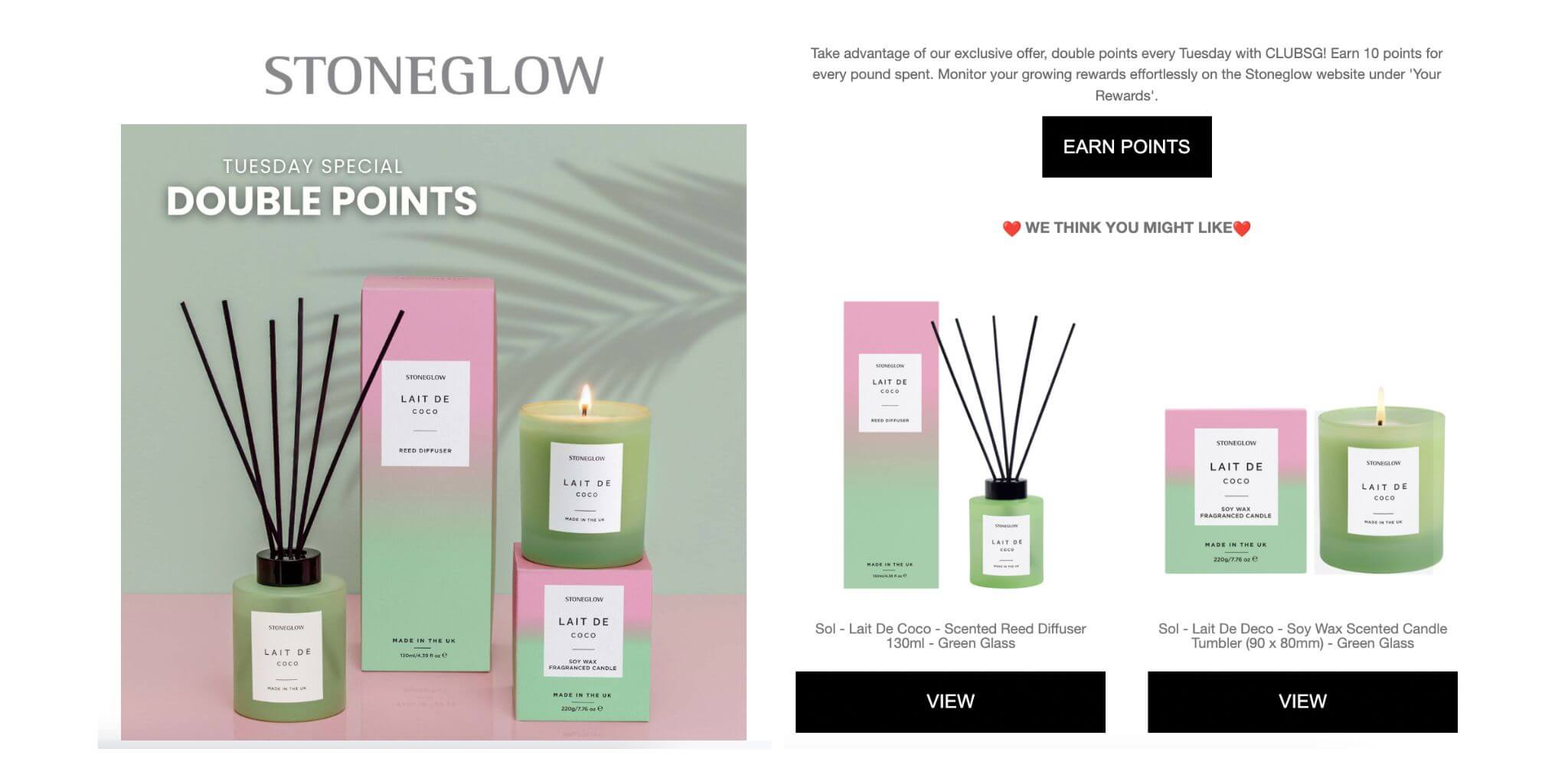 screenshot of ecommerce brand stoneglow email campaign on double points