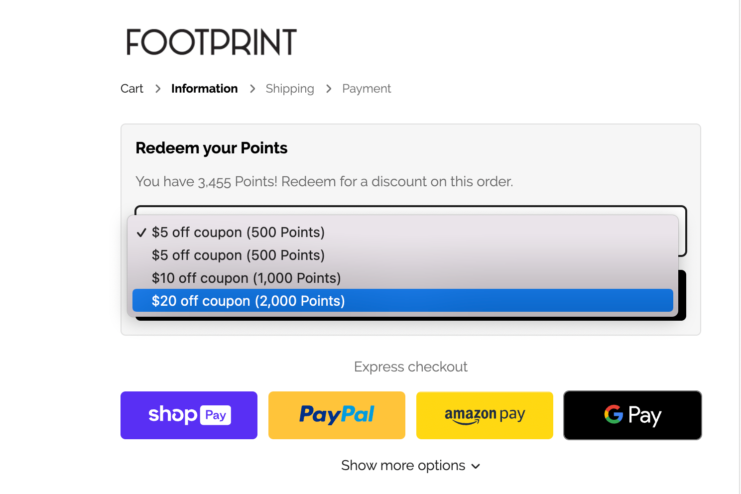 screenshot of loyalty program redemption at checkout