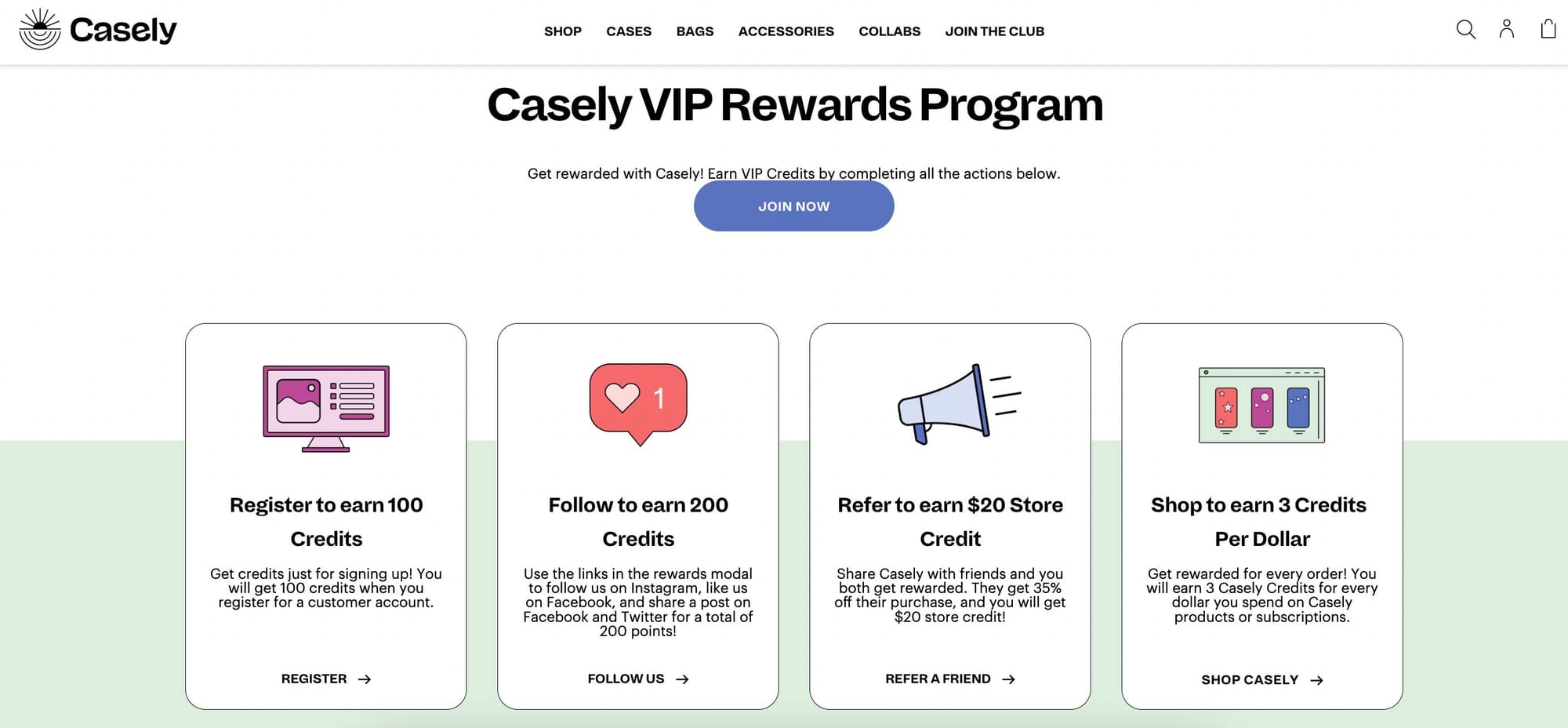 screenshot of casely vip reward program page