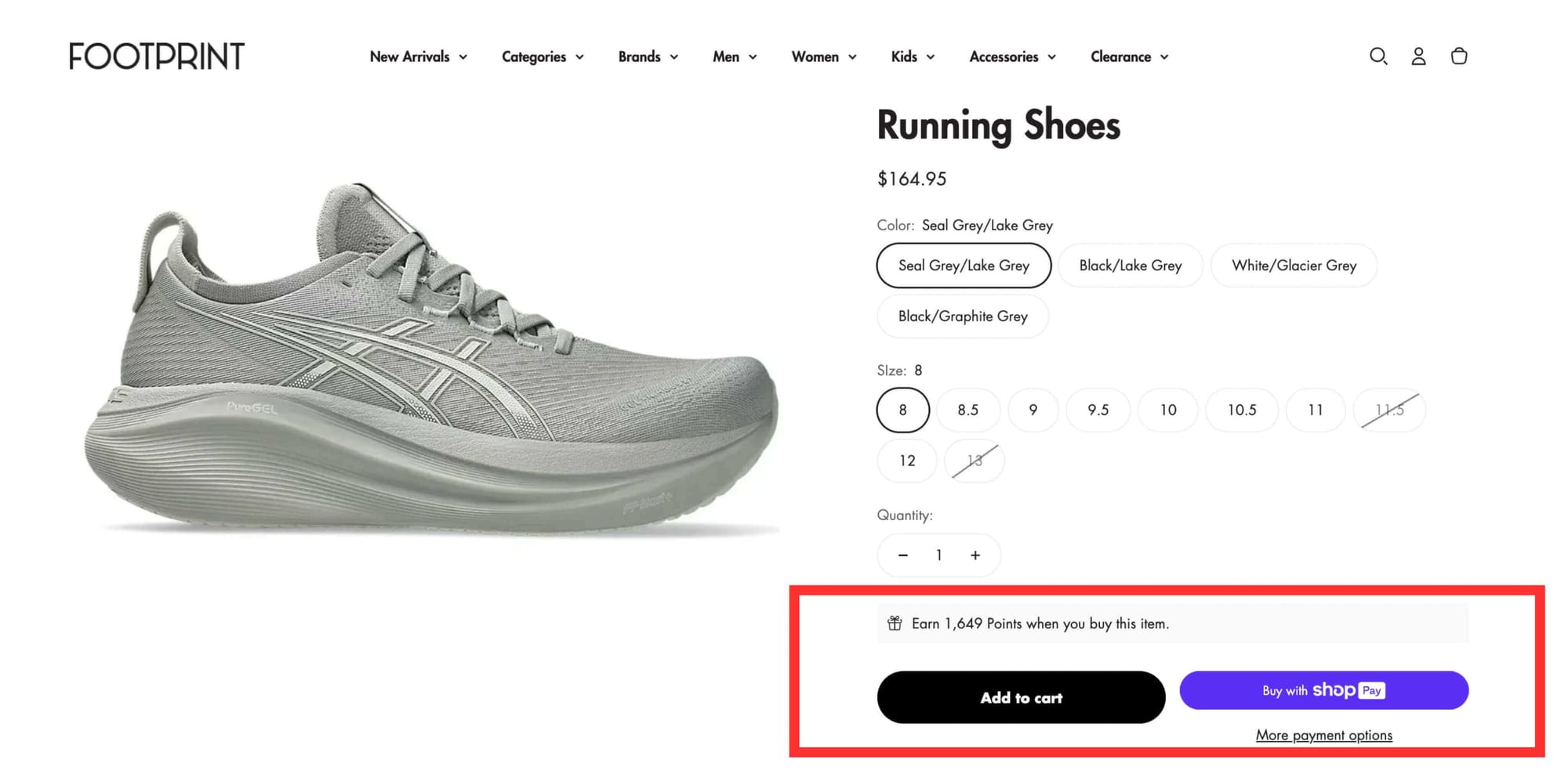 screenshot of footprints usa showing points on product page