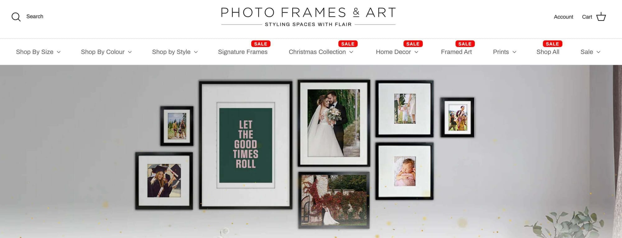 screenshot of ecommerce brand photo frames and art homepage for valentines day gift guide