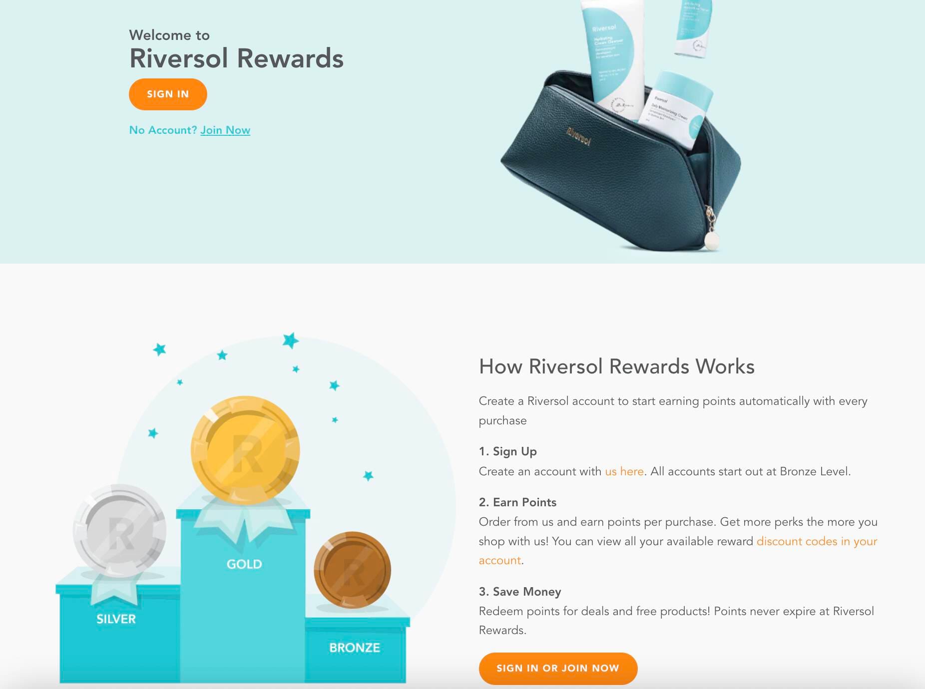 screenshot of skincare brand riversol and its loyalty program