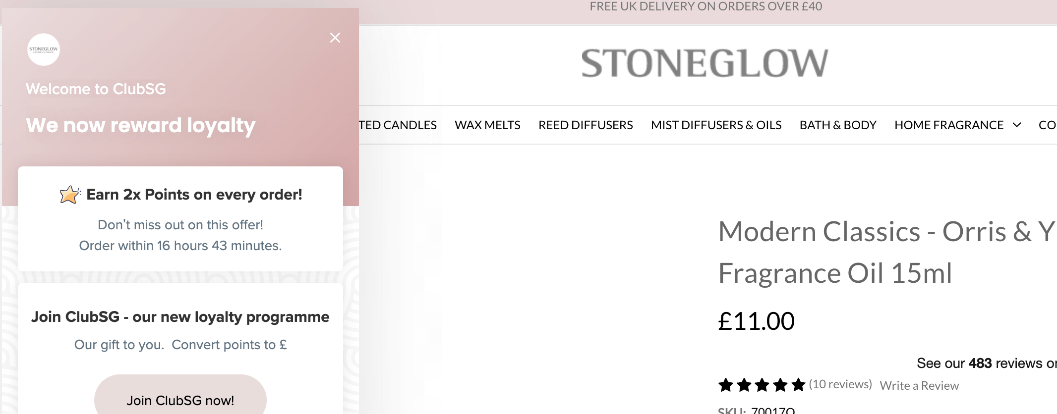 screenshot of ecommerce brand stoneglow and its double points campaign