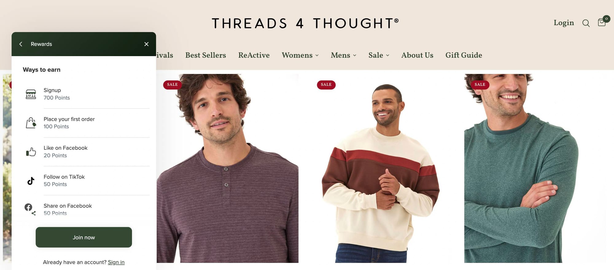 screenshot of ecommerce brand threads 4 thoughts and its rewards program panel on its website