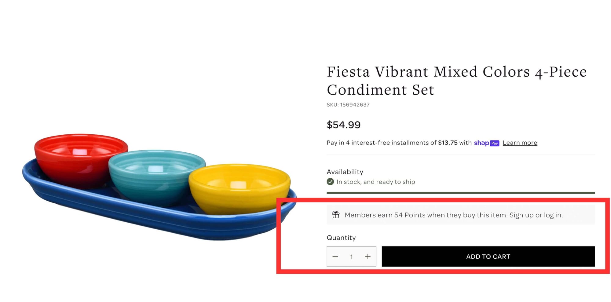 screenshot of an ecommerce brand product page with a red box highlighting the loyalty points above the add to cart button