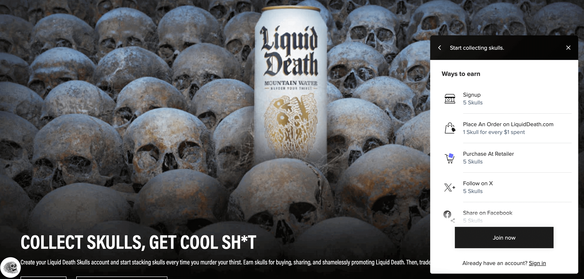 screenshot of liquid death loyalty program