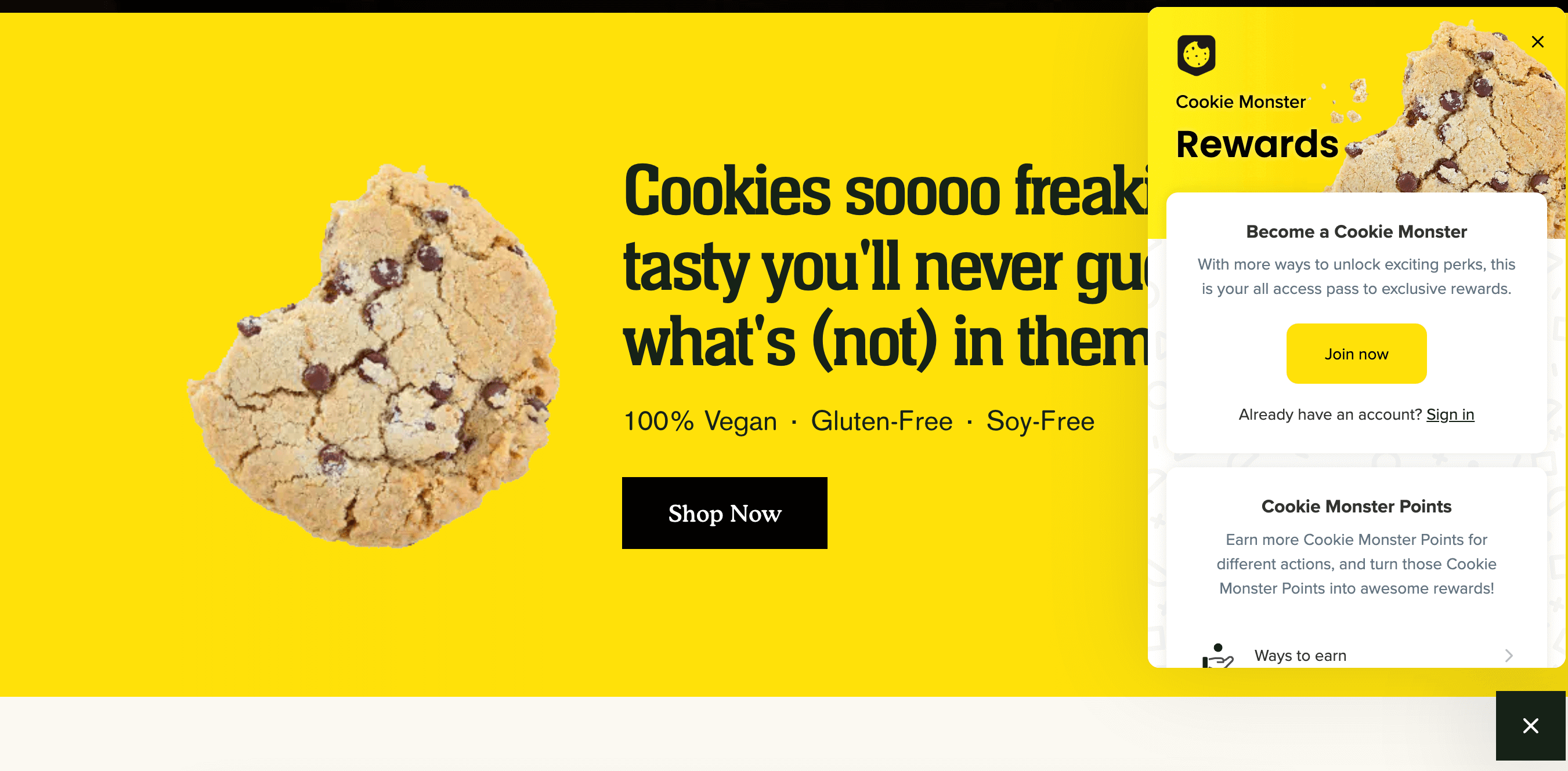 screenshot of cookie brand PNW Cookies homepage with a loyalty program launcher