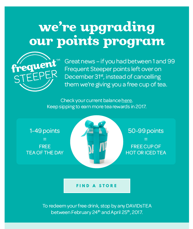 davidstea frequent steeper program changes email